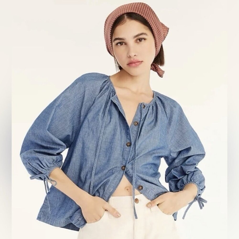 J. CREW Tie-Sleeve Button-Up Chambray Peasant Sleeve Shirt Top Blue Prairie